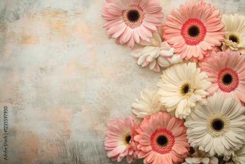 An artistic arrangement of blooming pink, white, and cream gerbera flowers, with alpha transparency to integrate seamlessly into various designs. photo