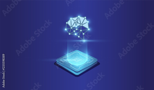 The artifical intelligence technology concept on Brightly glowing AI chip with light circuit board on technology blue background. the CPU processor Computer microchip