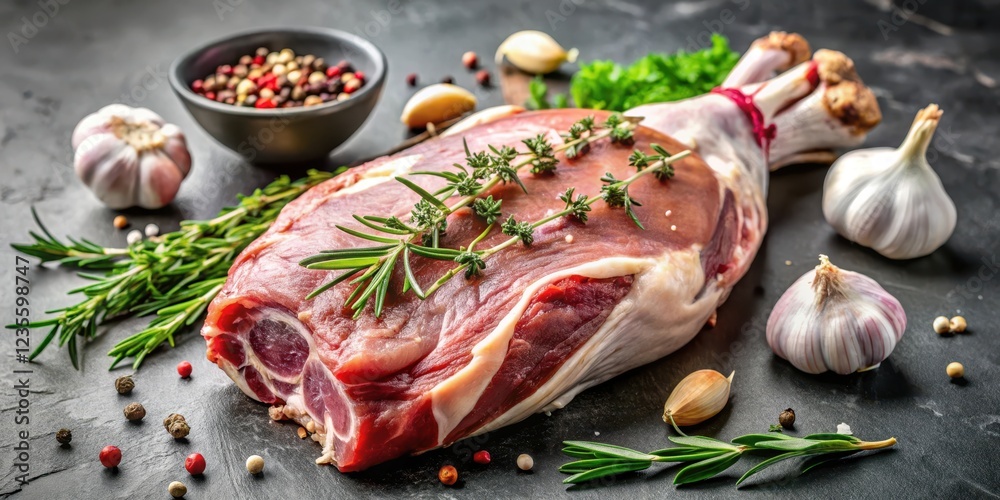 Fresh raw lamb leg ready for roasting with garlic and herbs, Farm Fresh Meat, Raw Meat Fresh raw lamb leg ready for roasting with garlic and herbs, Farm Fresh Meat, Raw Meat