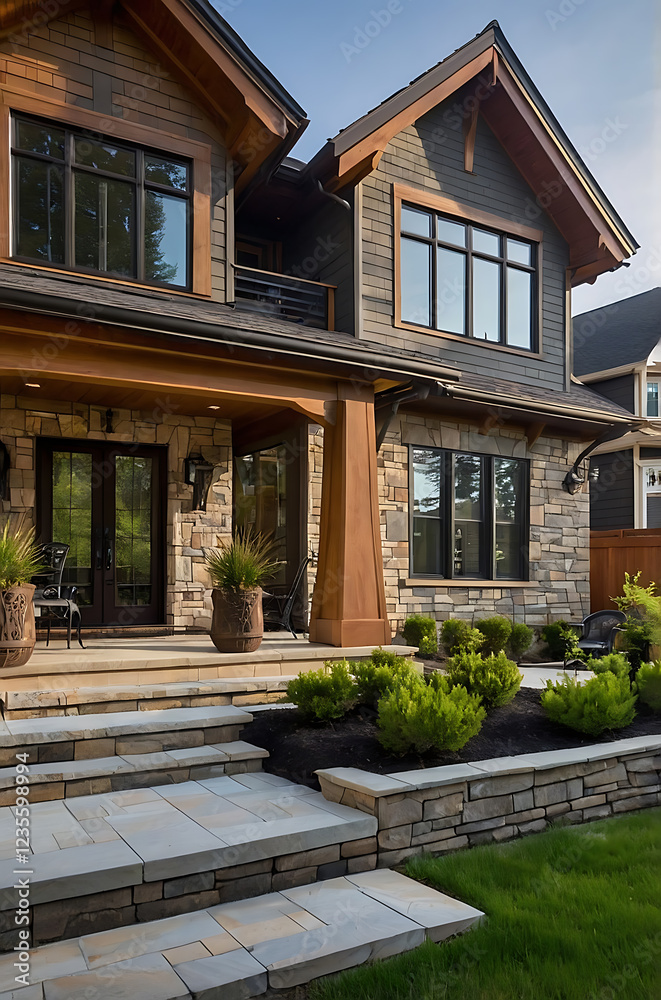 Luxury Modern Home Exterior with Stone and Wood Accents. Stunning architectural design, elegant landscaping, and a spacious front porch create a welcoming and sophisticated atmosphere. Luxury Modern Home Exterior with Stone and Wood Accents. Stunning architectural design, elegant landscaping, and a spacious front porch create a welcoming and sophisticated atmosphere.