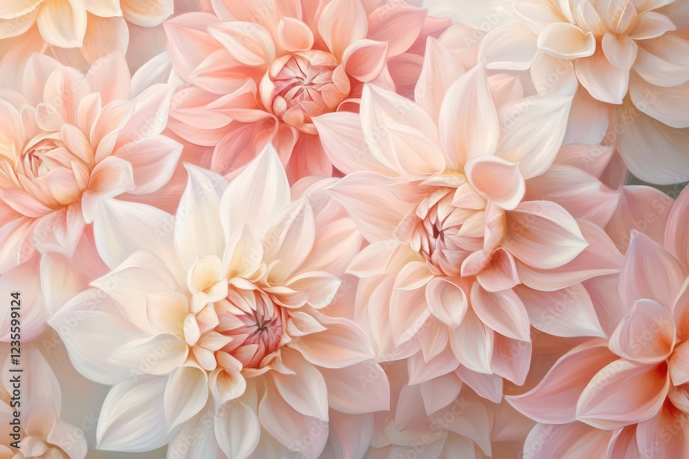 An artistic close-up of pink and cream-colored dahlia flowers, highlighting their natural symmetry and delicate texture in a sunlit setting. An artistic close-up of pink and cream-colored dahlia flowers, highlighting their natural symmetry and delicate texture in a sunlit setting.