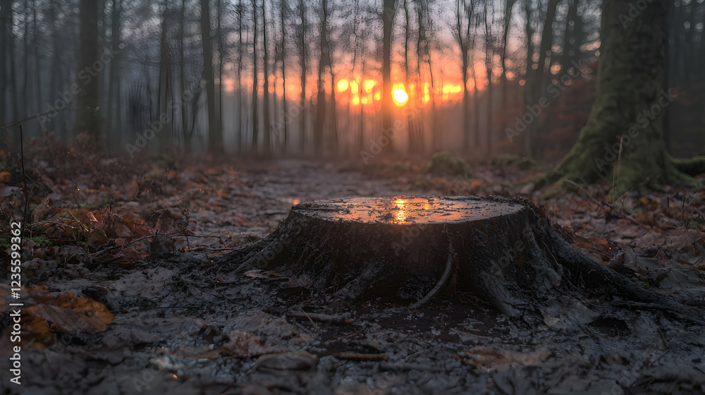 Sunset forest path, tree stump reflecting light, misty background, nature photography Sunset forest path, tree stump reflecting light, misty background, nature photography