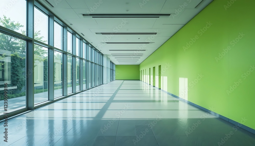 Fototapeta premium Modern Office Corridor With Green Walls And Large Windows