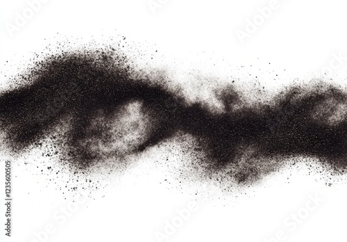 Abstract image of black powder dispersed in a wave like pattern against a white background. The texture is grainy and dynamic, suggesting movement