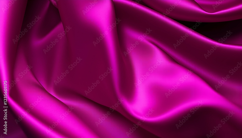 Fototapeta premium Luxurious magenta silk fabric, smooth texture, deep folds, shimmering satin, vibrant pink-purple hue, elegant drapery, soft lighting, close-up detail, high contrast, glossy surface, rich color saturat