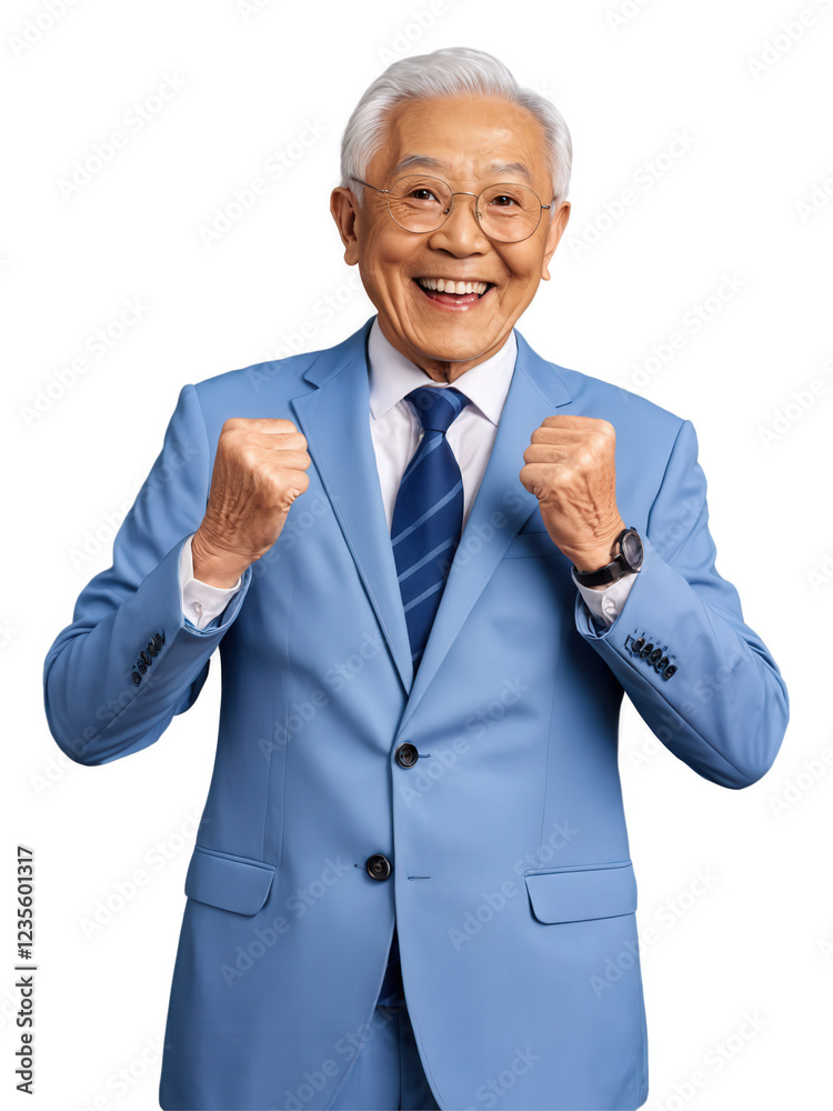 A Asian elderly man with blond short hair, hazel eyes, wearing business attire, showing enthusiasm with an energetic pose, hands A Asian elderly man with blond short hair, hazel eyes, wearing business attire, showing enthusiasm with an energetic pose, hands