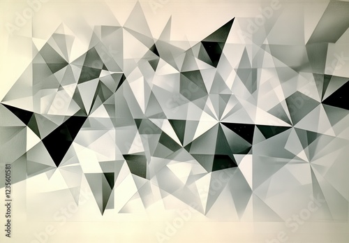 Abstract grayscale artwork featuring an array of overlapping triangles in varying shades of black and white, creating a dynamic and textured