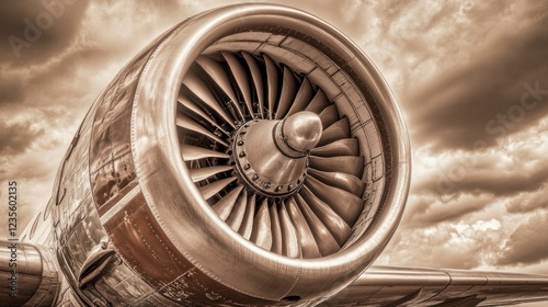 Close-up of turbofan engine against dramatic sky.