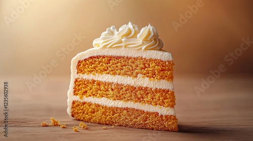 Fototapeta Naklejka Na Ścianę i Meble -  A delicious slice of three-layered spice cake with creamy frosting.