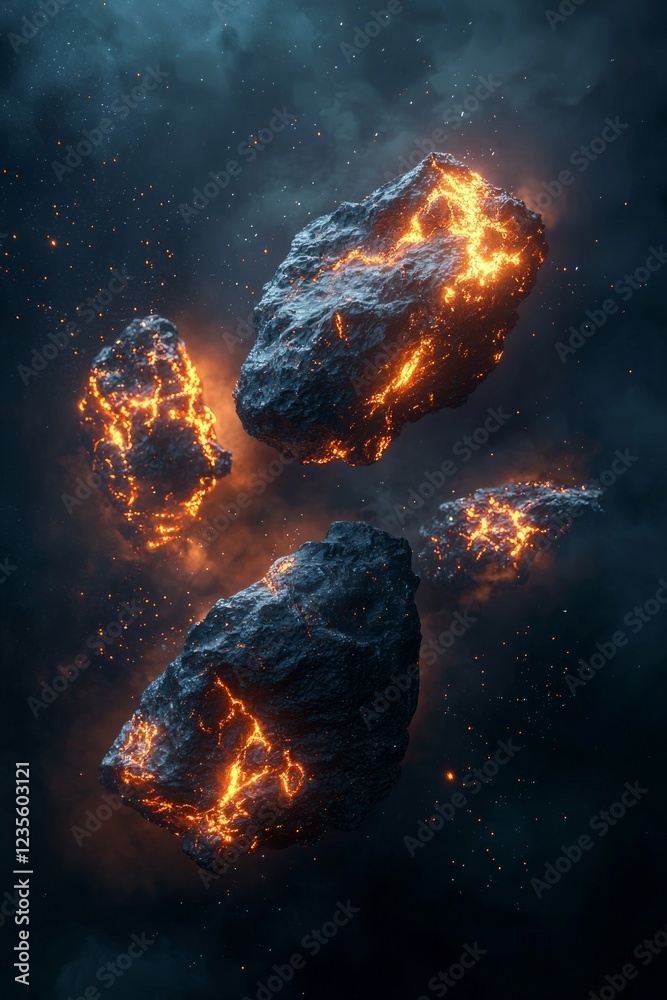 Naklejka premium A few floating rocks in space with glowing orange cracks, a black color gradient, cinematic lighting, and a smoke background.