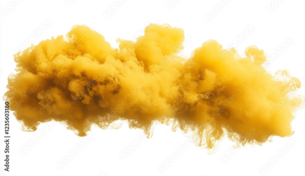 Abstract image of a yellow cloud like form against a white background. The texture is soft and fluffy, resembling smoke or a cotton like substance Abstract image of a yellow cloud like form against a white background. The texture is soft and fluffy, resembling smoke or a cotton like substance