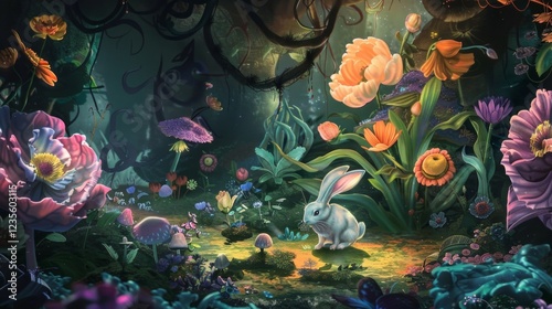 Envision a rabbit exploring a whimsical garden filled with oversized flowers and fantastical plants. 