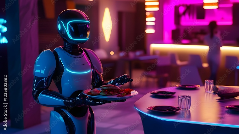custom made wallpaper toronto digitalRobotic Waiter Delivering Futuristic Meal in Sleek Neon-Lit Restaurant