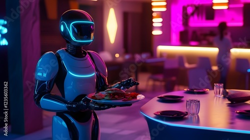 Wallpaper Mural Robotic Waiter Delivering Futuristic Meal in Sleek Neon-Lit Restaurant Torontodigital.ca