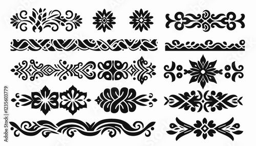 Collection of black decorative elements and ornaments on white background.