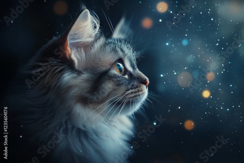 A fluffy cat gazing out the window at night, surrounded by twinkling lights