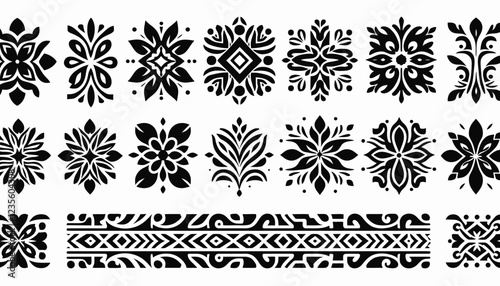 Collection of traditional black ornamental designs and patterns on white background.