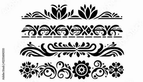 Black floral decorative elements and ornaments on white background.