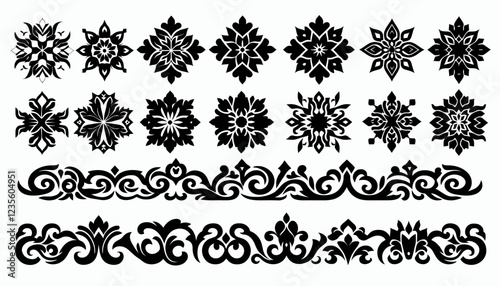 Collection of intricate black decorative elements and patterns.