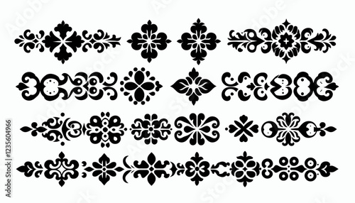 Collection of black ornate decorative elements and patterns.