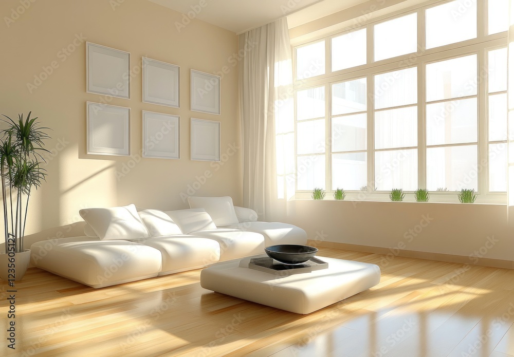 Fototapeta premium Sunny modern living room with white sofa, large window, and plants.