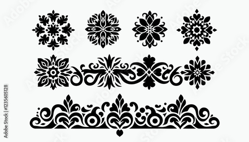 Collection of black floral decorative elements and ornaments.