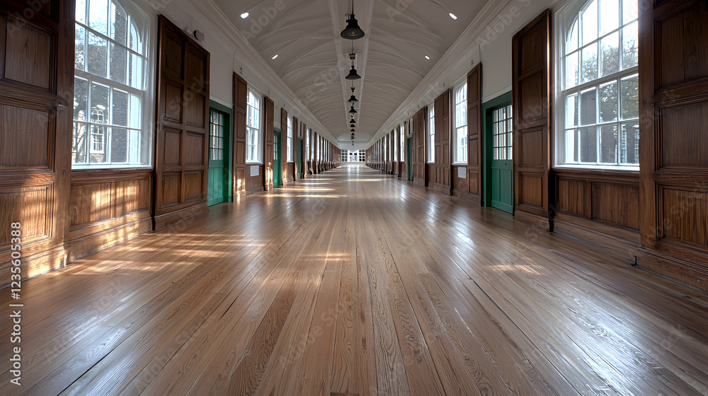 Long wooden hallway with sunlight, arched ceiling, and green doors. Educational setting Long wooden hallway with sunlight, arched ceiling, and green doors. Educational setting
