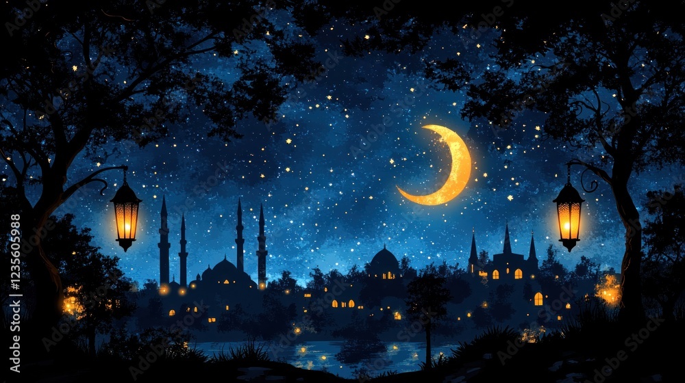 Fototapeta premium Night cityscape, crescent moon, lanterns, stars, fantasy, greeting card