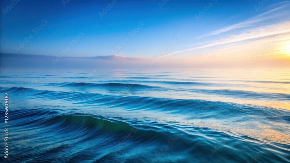 Obraz premium Gentle waves caress a serene ocean surface as morning fog softly settles, creating a mystical atmosphere with delicate ripples and soft blue hues , gentle, sea