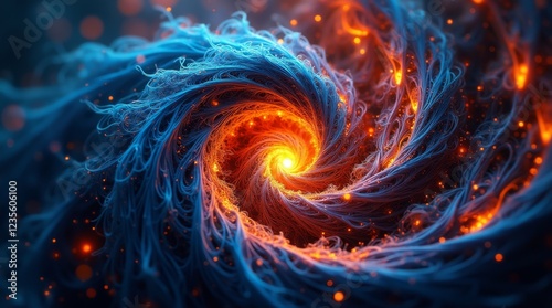 Abstract swirling pattern of glowing blue and orange light, creating a dynamic, futuristic visual. Best for backgrounds, technology, and creative digital art designs. photo