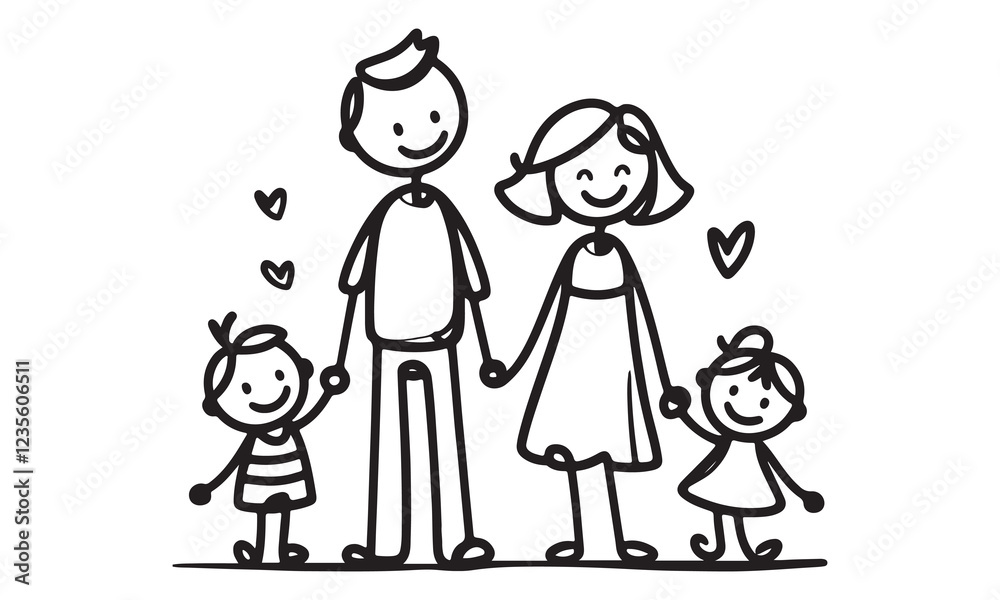 One continuous single drawing black line art doodle of people figure holding hand with family illustration One continuous single drawing black line art doodle of people figure holding hand with family illustration