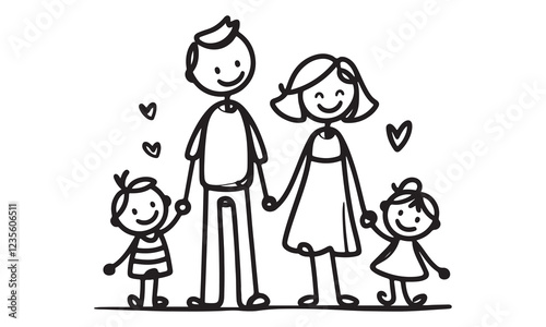 One continuous single drawing black line art doodle of people figure holding hand with family illustration