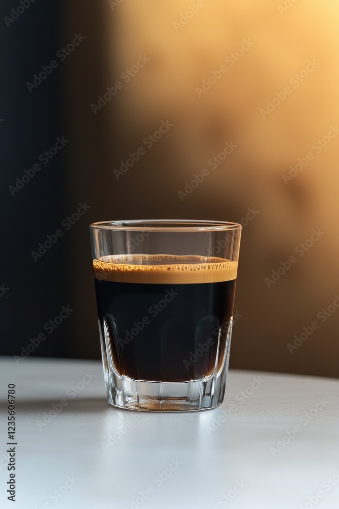 A glass of espresso coffee stands on the white table, against a dark gold background A glass of espresso coffee stands on the white table, against a dark gold background