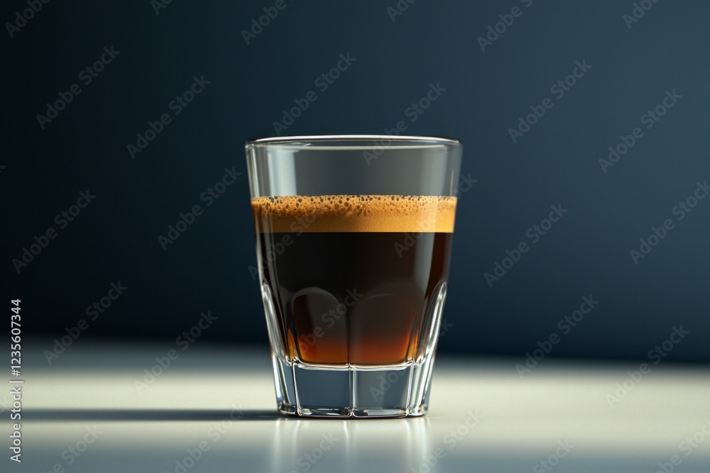 A glass of espresso coffee stands on the white table, against a dark blue background A glass of espresso coffee stands on the white table, against a dark blue background