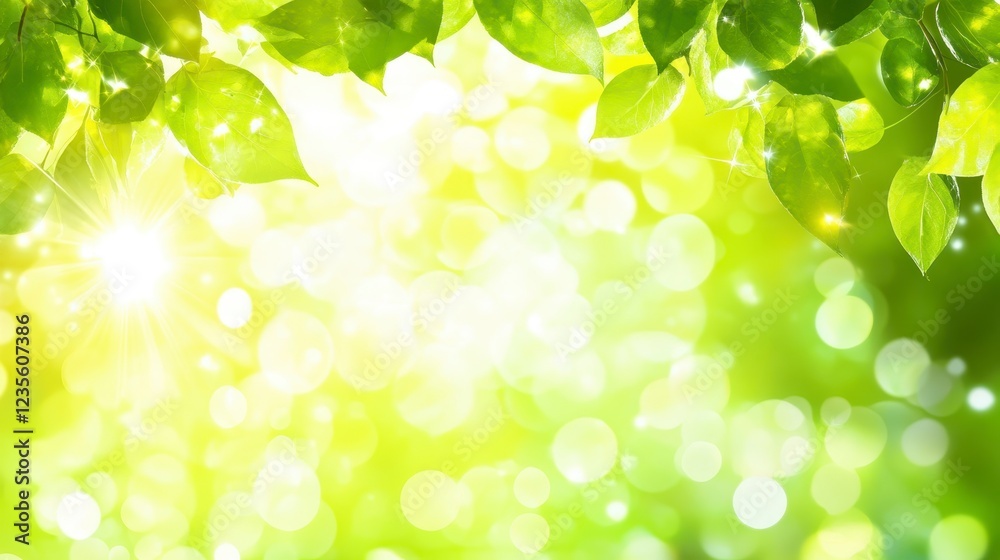 Vibrant green leaves frame a sunlit bokeh background, creating a bright and cheerful springtime scene. Soft light filters through the foliage Vibrant green leaves frame a sunlit bokeh background, creating a bright and cheerful springtime scene. Soft light filters through the foliage