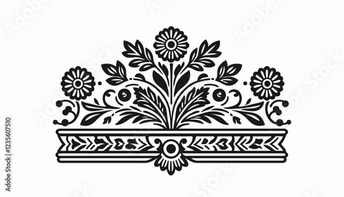 Ornate black and white floral decorative element with geometric patterns.