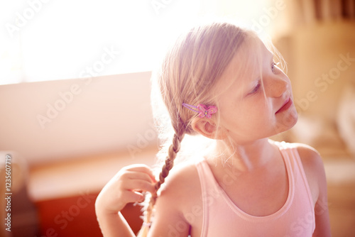 Ballet, development and thinking with girl in living room of home for practice, recital or rehearsal. Dance, grace and growth with happy ballerina child in apartment for future, planning or vision