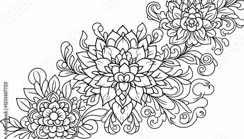 Intricate black and white floral pattern with detailed mandalas and swirling leaves.