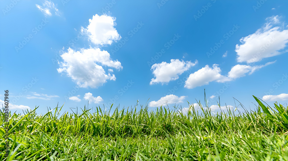 Fototapeta premium Lush green grass grows under a bright blue sky with fluffy white clouds on a sunny summer day.