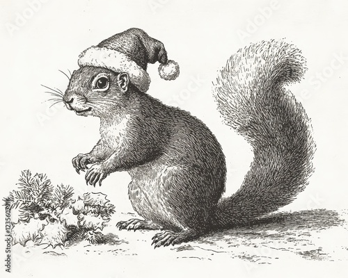 A charming monochrome illustration of a squirrel wearing a santa hat, perched amidst small, round objects. The image is detailed and evocative of a photo