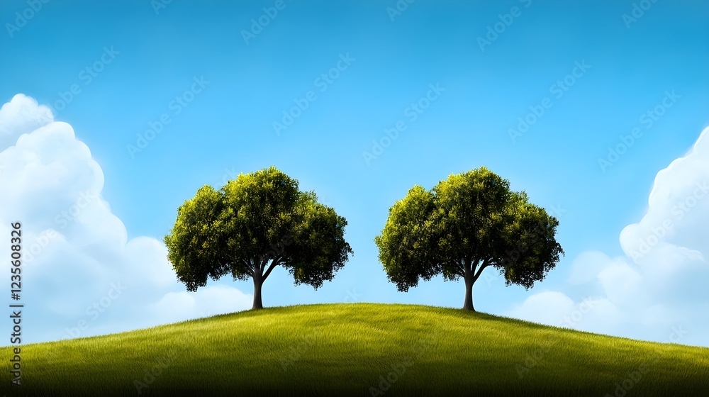Fototapeta premium Tranquil Landscape with Two Green Trees on Rolling Green Hill