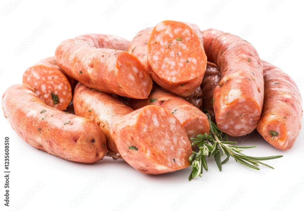 Close up view of a pile of cooked sausages, some sliced open, revealing a light pink interior with visible herbs. A sprig of rosemary rests beside Close up view of a pile of cooked sausages, some sliced open, revealing a light pink interior with visible herbs. A sprig of rosemary rests beside