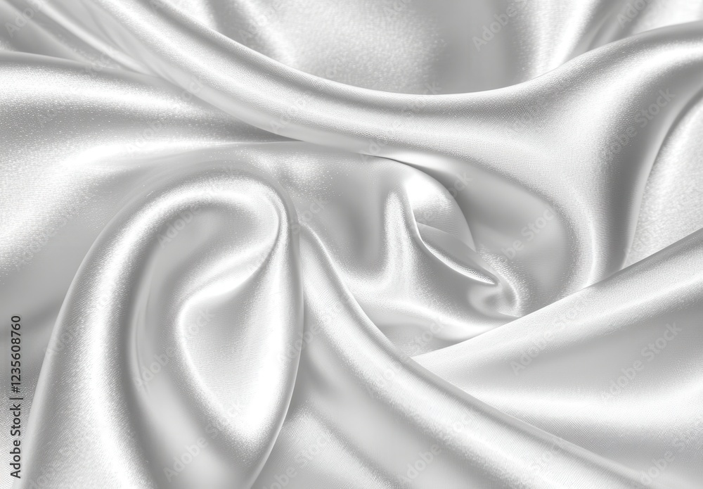 Fototapeta premium Luxurious white satin fabric with soft folds and subtle sheen, creating a smooth, elegant texture. Close up view of the shimmering surface with