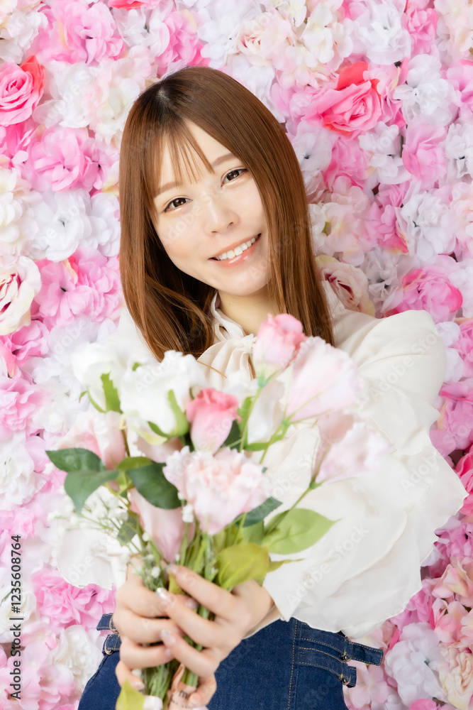 花束を持つ若い女性 花束を持つ若い女性
