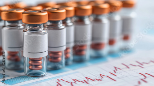 Stack of unused vaccine vials on distressed stock market graph