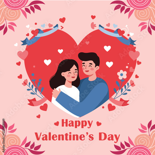 couple with heart, Happy Valentines Day greeting card. Cute romantic couple in heart and decorative design. 