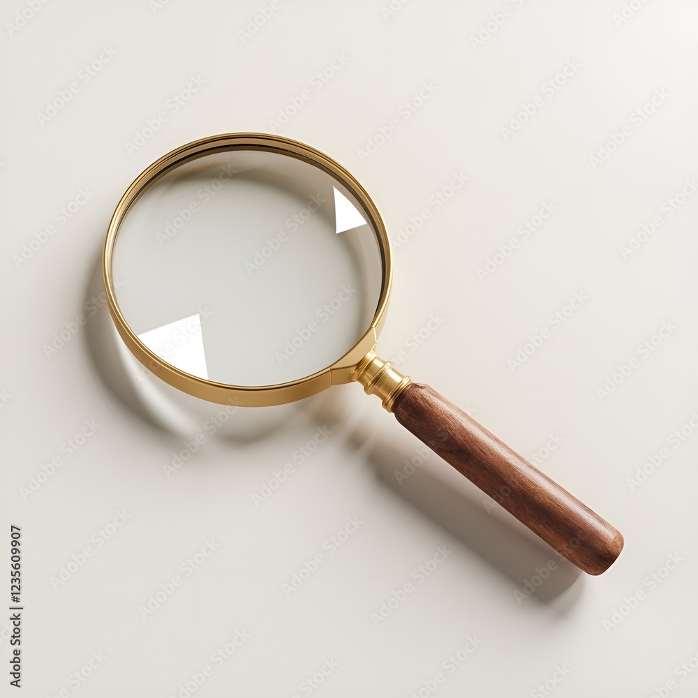 The image features a gold-framed magnifying glass with a wooden handle on a white background, accompanied by a 3D rendering. The image features a gold-framed magnifying glass with a wooden handle on a white background, accompanied by a 3D rendering.