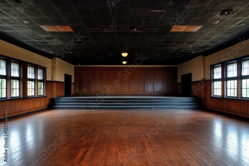 An empty stage in the middle of a large dance studio with a black ceiling and brown walls, and a dark floor. 