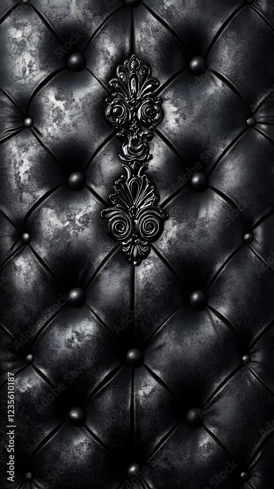 Naklejka premium Dark Elegance: Close-up of luxurious black leather upholstery with ornate button tufting and a central metallic embellishment, evoking a sense of classic sophistication and refined opulence. 