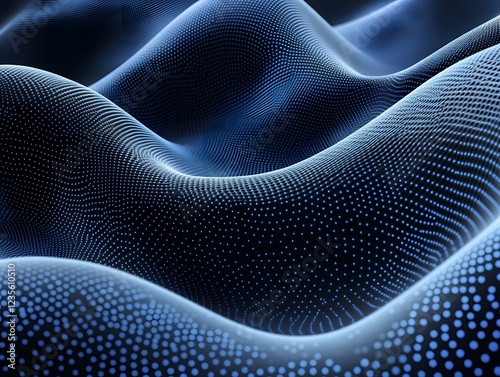Digital Wave: Abstract rendering of a flowing digital wave, composed of interconnected blue dots creating a sense of movement and connectivity. Perfect for tech, data, and AI related projects.